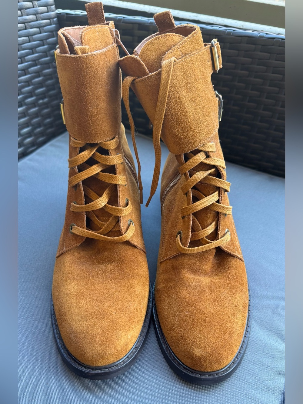 ba&sh Camel Suede Lace-Up Combat Boots Double Buckle EU 40